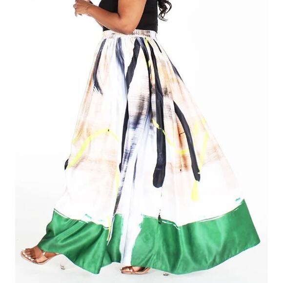 Nuuts Abstract Satin Flare Maxi Skirt Multicolor 2XL | Boho‎ Festival A-Line - Picture 3 of 13